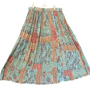 Phool Maxi Skirt Women, One Size Plus Teal Brown Floral Patchwork Boho Rayon
